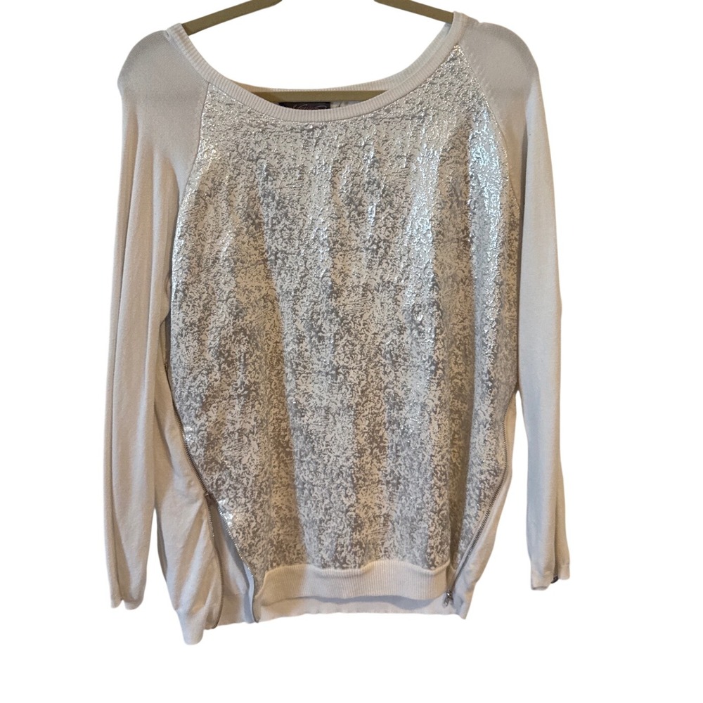 Metric Women White Silver Sequin Front Side Zip Scoop Neck Sweater XL